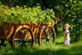 Cute baby girl next to a decorative flower wagon Royalty Free Stock Photo