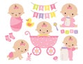 Cute Baby Girl in a Pink Stroller with Baby Items