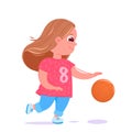 Cute baby girl playing basketball with a ball. Player`s team modern uniform. Healthy activities Royalty Free Stock Photo