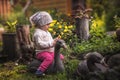 Cute baby girl playing in fairy blossoming garden in countryside with goose among beautiful flowers in summer day symbolizing happ Royalty Free Stock Photo