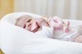 Cute baby girl playing with plush animal toy Royalty Free Stock Photo