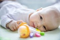 Cute baby girl playing with rattle while lying down on bed at home Royalty Free Stock Photo