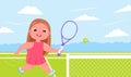Cute baby girl playing tennis with raquet at court. Doing sports healthy life. Daily routine. Royalty Free Stock Photo