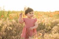 cute baby girl in red dress holding large dandelion on field of poppies at summer sunset Royalty Free Stock Photo