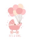 Cute Baby Girl Shower Invitation Card with Pink Pram and Balloons. Celebrate the joy of a new arrival with this adorable hand- Royalty Free Stock Photo