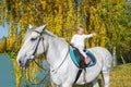 A cute baby girl is sitting on a beautiful white horse in autumn nature. Royalty Free Stock Photo