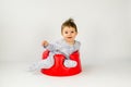 Cute baby girl sitting in a plastic seat Royalty Free Stock Photo