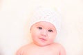 Cute Baby Girl Smiling and Wearing a Soft Knit Bear Ears Hat Royalty Free Stock Photo