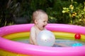 cute baby girl swimming in kid inflatable pool Royalty Free Stock Photo