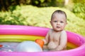 cute baby girl swimming in kid inflatable pool Royalty Free Stock Photo