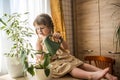 A cute baby girl takes care of houseplants. Girl watering and spraying indoor plants at home Royalty Free Stock Photo