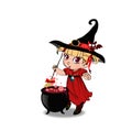 Cute baby girl witch with broom and cauldron on white background Royalty Free Stock Photo