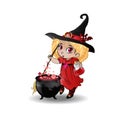 Cute baby girl witch with broomstick and cauldron on white background Royalty Free Stock Photo