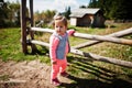 Cute baby girll waliking in mountains. Little discoverer