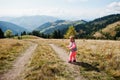 Cute baby girll waliking in mountains. Little discoverer