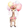 Cute baby Girrafe with Balloons watercolor illustration