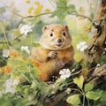 Whimsical Baby Gopher Nibbling On Tree In Serene Natural Setting