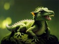 cute baby green dragon on forest background. Generative AI