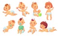 Cute baby. Happy cartoon babies, smiling and laughing toddler isolated vector character set Royalty Free Stock Photo