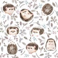 Cute baby hedgehog animal seamless pattern, nursery isolated illustration for children clothing. Watercolor Hand drawn