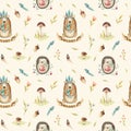 Cute baby hedgehog and bear animal seamless pattern