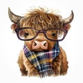 Cute Baby Highland Cow Fashionista: Discover this Adorable Image of a Cow Wearing a Scarf and Glasses