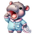 Cute baby hippo in pajamas yawning, white isolated background