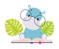 Cute baby hippo reading book. Funny smart wild African animal character in glasses sitting with book cartoon vector Royalty Free Stock Photo