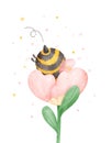 Cute baby honey bee with flower watercolor cartoon character hand painting illustration vector Royalty Free Stock Photo