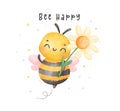 Cute baby honey bee with flower watercolor cartoon character hand painting illustration vector Royalty Free Stock Photo