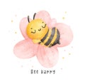 Cute baby honey bee sleeping in flower watercolor cartoon character hand painting illustration vector. Bee Happy Royalty Free Stock Photo