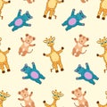 Cute baby hugging hippo, lion, giraffe seamless pattern, cartoon drawing african smiling animals, editable vector illustration Royalty Free Stock Photo