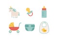 Cute baby icons. Pacifier, diaper, baby bottle and stroller