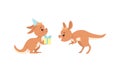 Cute Baby Kangaroo Jumping and Holding Gift Box Vector Set