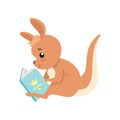 Cute Baby Kangaroo Sitting and Reading Book, Brown Wallaby Australian Animal Character Vector Illustration