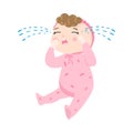 Cute baby with kinky hair in pink pajama sitting and crying. Vector illustration in flat cartoon style.