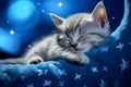 Cute baby kitten slumbering on a cushiony cloud, with stars sprinkling the tranquil blue sky. Children book illustration Royalty Free Stock Photo