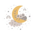 Cute baby koala sleeping on the moon. Boho moon, baby animal, cloud rainbow, stars. Nursery sweet dream card Royalty Free Stock Photo