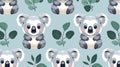 Cute baby koalas sit with green leaves on a blue background in a seamless and playful repeating pattern Royalty Free Stock Photo