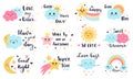 Cute baby labels. Kids sun, cloud and rainbow decorative stickers, cute babies smiling weather characters vector