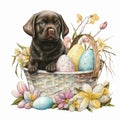 Cute Baby labrador retriever Easter sit on the basket with Easter - Generative AI