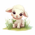 cute baby lamb smiling while sitting on the grass on white background Royalty Free Stock Photo