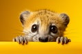 Cute baby lemur climbing on a yellow wall Ai generative