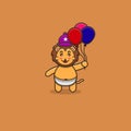 Cute Baby Lion Bring Balloons. Character, Mascot, Icon, Logo, Cartoon and Cute Design. Royalty Free Stock Photo