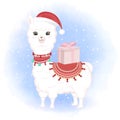 Cute baby Llama and gift box cartoon hand drawn Christmas illustration