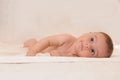 Cute baby look up lay down in the bed Royalty Free Stock Photo