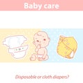Cute baby looking up, choosing disposable or reusable cloth diaper.