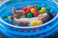 Cute baby lying in colorful toy balls and playing happily