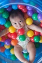 Cute baby lying in colorful toy balls and playing happily