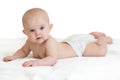 Cute Baby Lying On White Towel In Nappy Or Diaper
